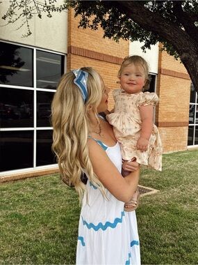 Blue-Trim White Tiered Maxi Dress
